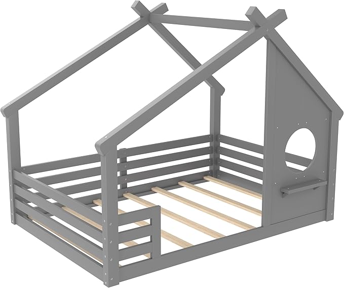 Polibi Full Size Floor Bed with House-Shaped Roof,Window and a Small Shelf, Solid Wood Low Profile Floor Bed for Kids, No Box Spring, Grey