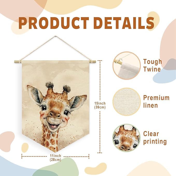 Safari Decor, Woodland Nursery Decor, Baby Giraffe Cute Wall Art,Kids room Canvas Banner,Watercolor Animal Giraffe for Living Room Bedroom, Hanging Pennant Flag Banner 15x11in