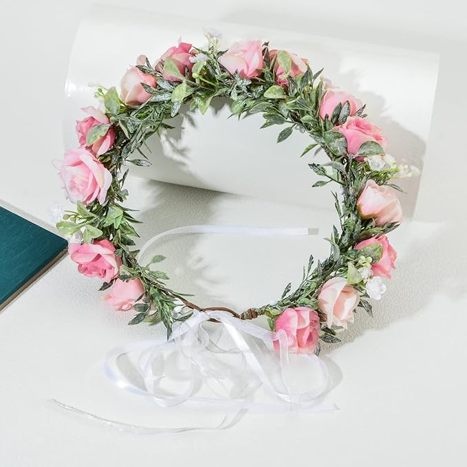 Baby Girls Flower Crown Headpiece Boho Little Wreaths for Weddings, Family Photography (Flower Red and White)
