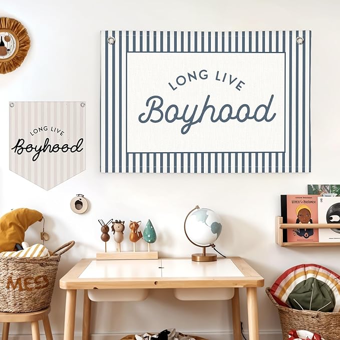 Lacama Vintage Blue Long Live Boyhood Boys Room Decor, Boy Nursery Decor, Linen Banner Wall Hanging Canvas Banner Flag Decor for Toddler Boy Room Nursery 30x20 Inch