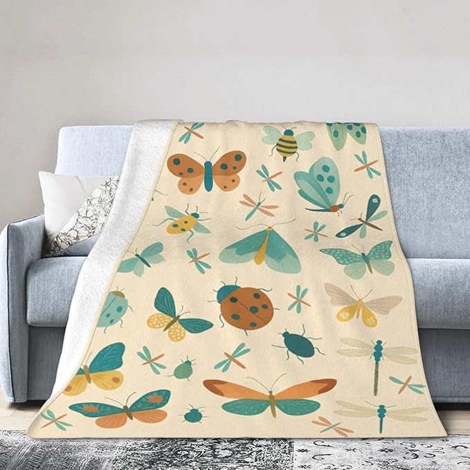 Colorful Insect Bugs Throw Blanket Moth Beetle Dragonfly Blanket Soft Cozy Fleece Fuzzy Plush Warm Stuff Animal Bedding Bugs Insects Blankets Gift for Boys Girls Kids Adult Men Women 40"X50"