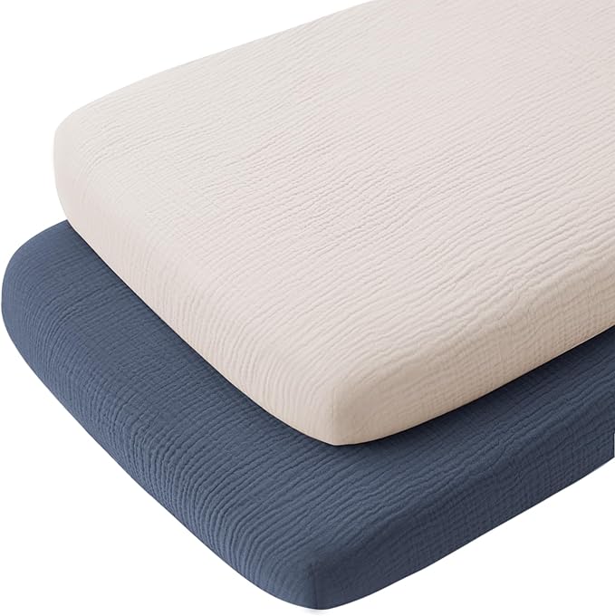 Konssy 2 Pack Muslin Bassinet Sheets for Baby Boy, 100% Cotton Soft Bedside Sleeper Bassinet Sheets, Compatible with Baby Delight, Dream On Me, AMKE and Other Rectangle Mattress (Navy,Cream)