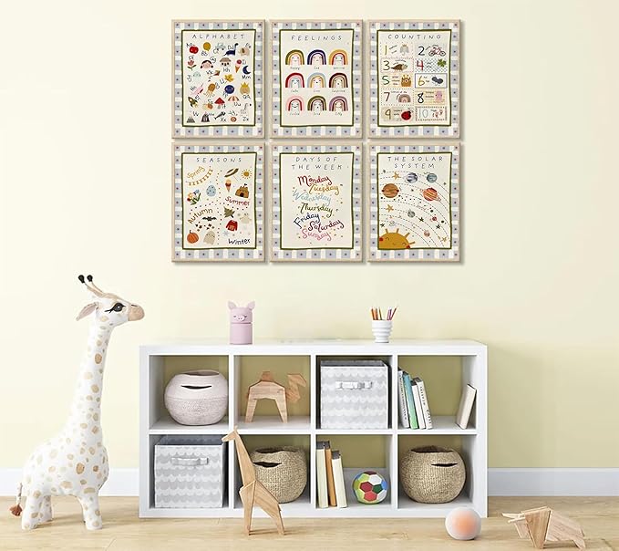 6Pcs Children Educational Numbers Canvas Wall art ABC Kids' Rooms Painting Pictures Wall Decor Toddler Rooms Learning Posters Print Artwork for Baby Room Nursery Home Decoration 8x10in Unframed