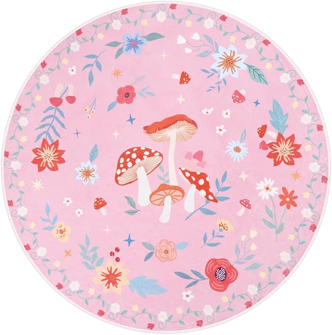 4' Machine Washable Round Area Rug, Non-Slip Vintage Floral Circle Floor Rugs for Kids, Low Pile Room Carpet for Living Room, Bedroom, Dining Room & Nursery(4' Pink Mushroom)
