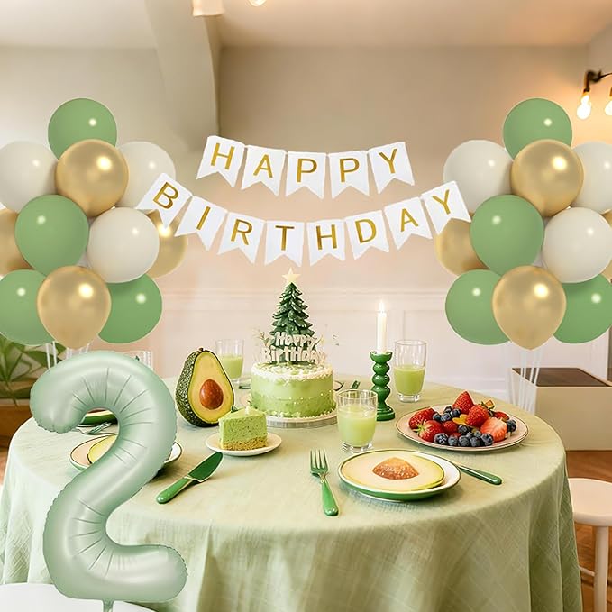Sage 2nd Birthday Decorations For Boy -12 Inch Sage Balloons, 40 Inch Sage 2 Balloon, Happy Birthday Banner for Two Year Old BD Party Decorations