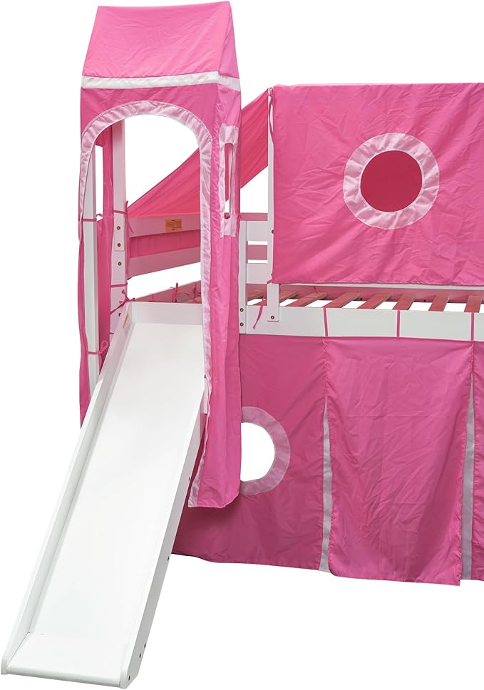 Playhouse Full Size Low Loft Bed with Slide & Tent and Tower, Solid Wood Tent Bed Frame with Storage Staircase for Kids Teens Boys Girls, Versatile Spacious Under Bed Space with Curtains (Pink-TXF)