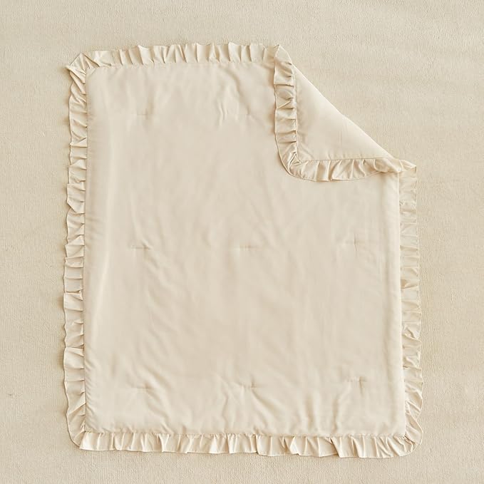 Ruffled Toddler Blanket Ruffle Comforter for Baby Toddler Girls, Soft Cozy Cute Quilted Blanket Breathable Microfiber Comfortable Down Alternative Small Size Quilt with Ruffle - 39"x 47" Cream