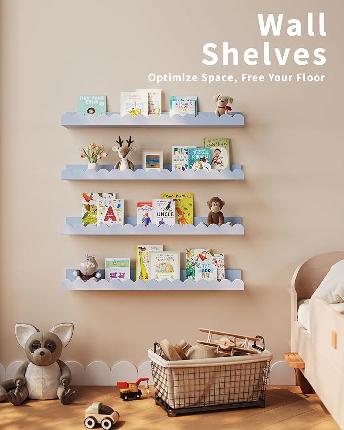 Shario Nursery Book Shelves, 4-Pack White Floating Shelves for Wall Kids, Scalloped Shelves, Wall Book Shelves for Bedroom Kids, Toddler Room, Baby Room, Nursery Decor(Blue, 23 Inches)