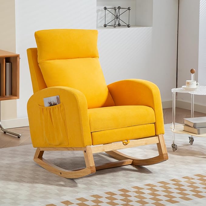 Rocking Chair Nursery Glider Chair with Foot Rest, Nursery Rocking Chairs with Rubber Wood Legs Side Pocket, High Back Nursing Chair, Accent Rocker Arm Chair Baby Bedroom, Living Room, Yellow