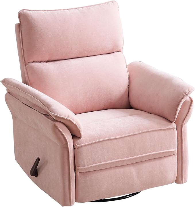 Oversized Recliner Chair, 26" Extra Wide 360° Swivel Rocker Recliner with Adjustable Headrest, Chenille Glider Rocking Nursery Chair with Overstuffed Armrest, Lumbar Support, Pink