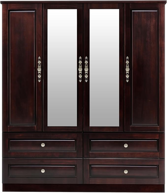 Solid Wood Armoire:4 Doors Wardrobe Closet with Mirror Drawers and Hanging Rod,Storage Cabinet Clothes Organizer for Bedroom Brown Black