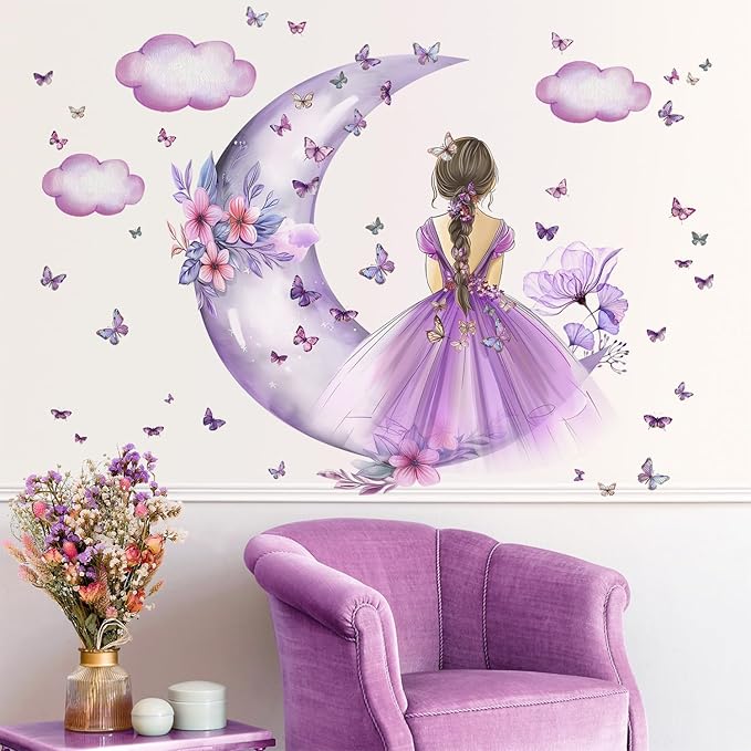 2 Sheets Purple Butterfly Girl Wall Decal - Removable DIY Moon Cloud Wall Decal Vinyl Purple Flower Princess Room Art for Girls Baby Nursery Bedroom Living Room Bathroom Classroom Decor