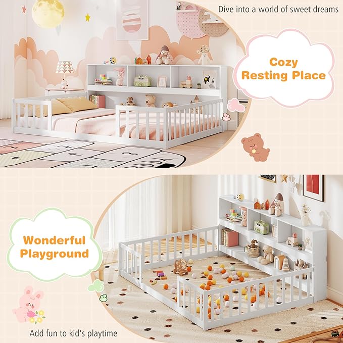 Giantex Full Size Floor Bed for Kids, Wooden Montessori Bed Frame with Bookcase, Storage Shelves & Safety Fence Rails, Floor Beds Full for Girls, Boys, No Box Spring Needed, Without Slats, White