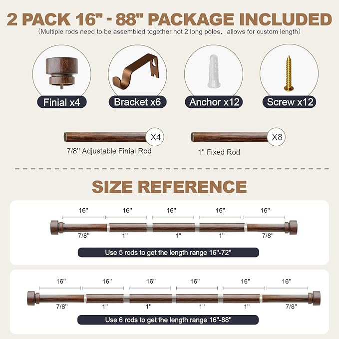 2 Pack Antique Redwood Grain Curtain Rods for Windows 48 to 84 Inches 1" Diameter Heavy Duty Window Curtain Rod Adjustable with Solid Finials for Living Room Bedroom Kitchen Farmhouse Outdoor