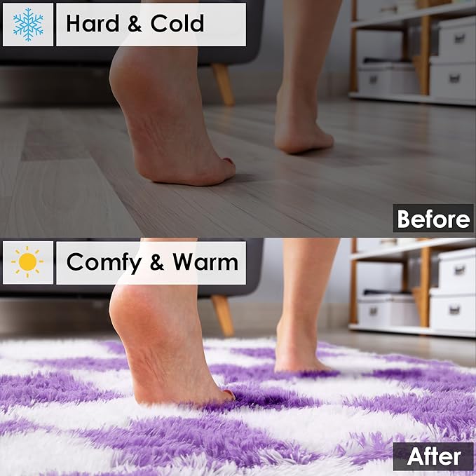 KICMOR Purple Rugs for Living Room Bedroom, Fluffy Soft Checkered 6x9 Area Rug Fuzzy Shag Shaggy Carpet, Indoor Furry Plush Floor Rugs for Kids Girls Boys Baby Teen Dorm Nursery Home Decor Aesthetic