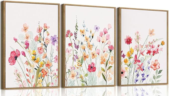 MTFBWY 3Pcs Framed Wildflower Canvas Wall Art – Red Floral Wall Art Watercolor Prints, Pink Botanical Artwork, Colorful Flower Pictures Decor Printing for Living Room, Bedroom, Bathroom 16L x 12W