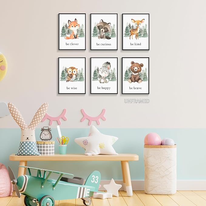 gooptyinh Woodland Nursery Animal Canvas Wall Art, 6 Piece Inspirational Forest Animals Print Posters, Motivational Quotes Cute Bear Fox Rabbit Deer Raccoon Owl Decor for Baby Bedroom 8x10in Unframed