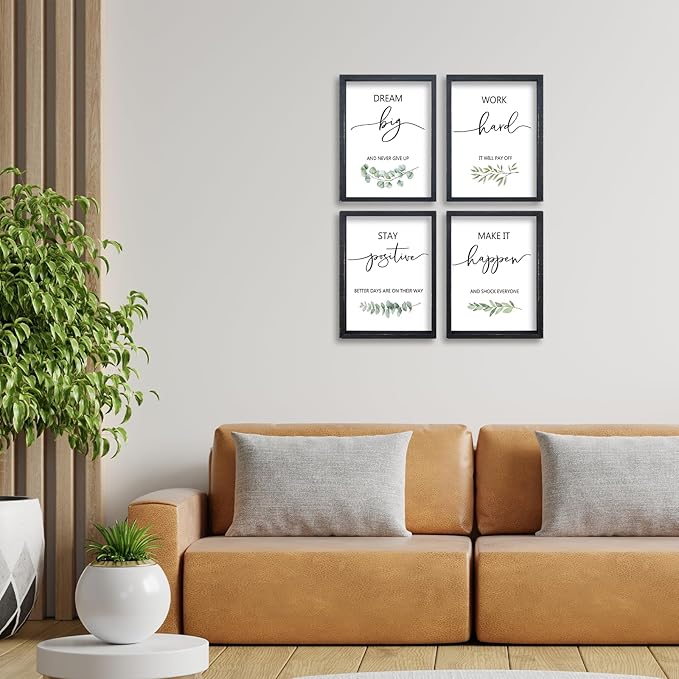 Set of 4 Inspirational Quotes Wall Art 16x11 Inch Encouraging Office Wooden Framed Positive Affirmations Home Family Decor Sign Motivational Plaque Wall Hanging Decoration (Black)