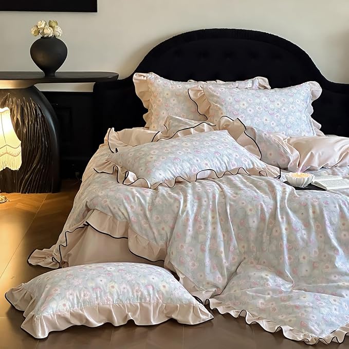 HighBuy Cottagecore Floral Ruffle Duvet Cover Queen for Teen Girls,Coquette Bedding Ruffle Duvet Cover Set Shabby Chic Brushed Cotton Bedding Set Breathable Durable Luxury with Zipper
