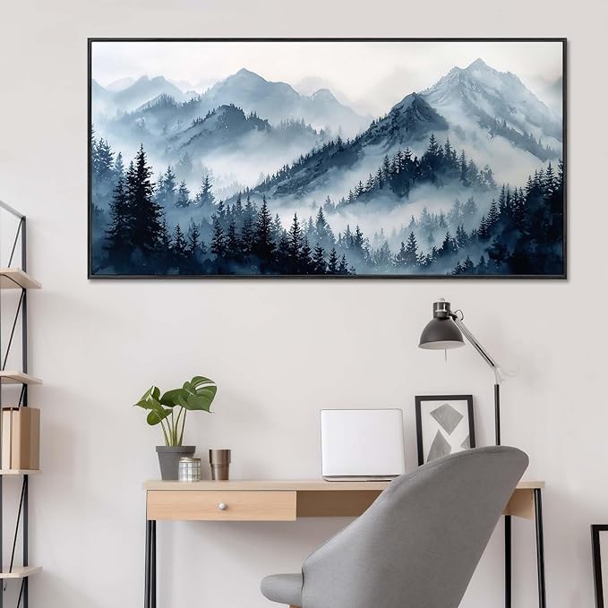 Large Framed Blue Gray Misty Forest Wall Art for Living Room, Watercolor Landscape Nature Canvas Print Paintings Artwork for Walls, Modern Foggy Mountains & Pine Forest Pictures for Home Decor 28"x58"