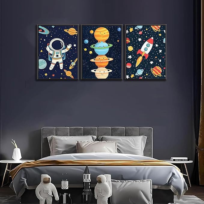 3Pcs Space Nursery Wall Art Whimsical Outer Space Astronauts Kid Decor Pictures Rocket Planet Posters Prints for Boys Room Girls Room Kids Room Decoration Unframed