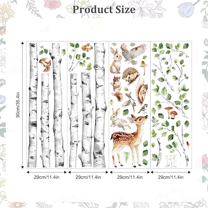 Large Birch Tree Wall Decals, Forest Animal Wall Stickers Deer Rabbit Squirrel Owl Peel and Stick Wall Decal Waterproof Wall Art Sticker for Baby Nursery Kids Room Home Decor (H: 60.2 in)