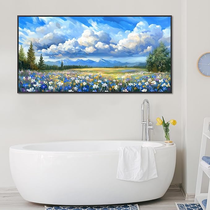 Framed Natural Landscape Wall Art for Living Room, Large Mountain Wildflower Canvas Artwork for Walls Decor, Farmhouse Nature Colorful Flower Paintings Prints for Bedroom Office Decoration 23"x46"