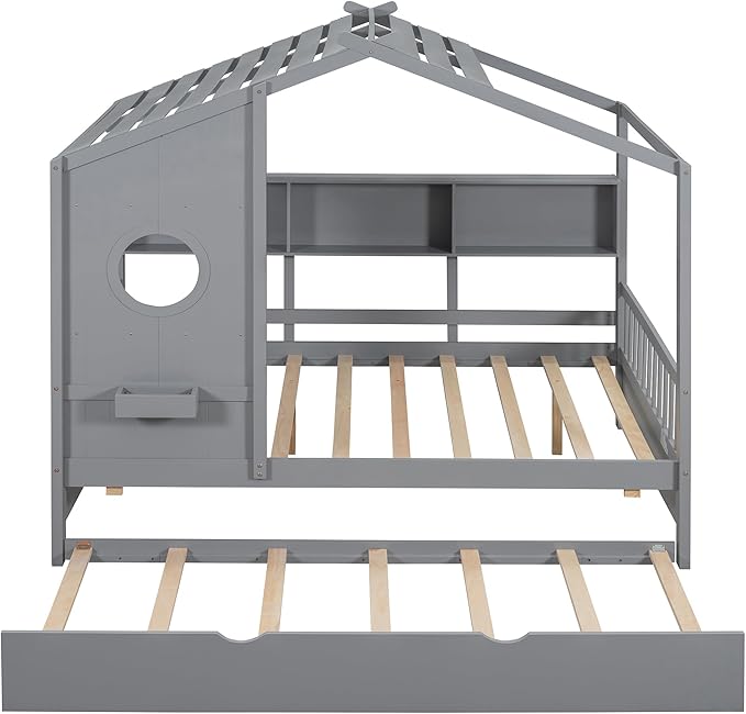 Harper & Bright Designs Full Size Modern House Bed with Roof, Wooden Twin Kids House Bed Frame with Trundle and Storage Shelf, Gray