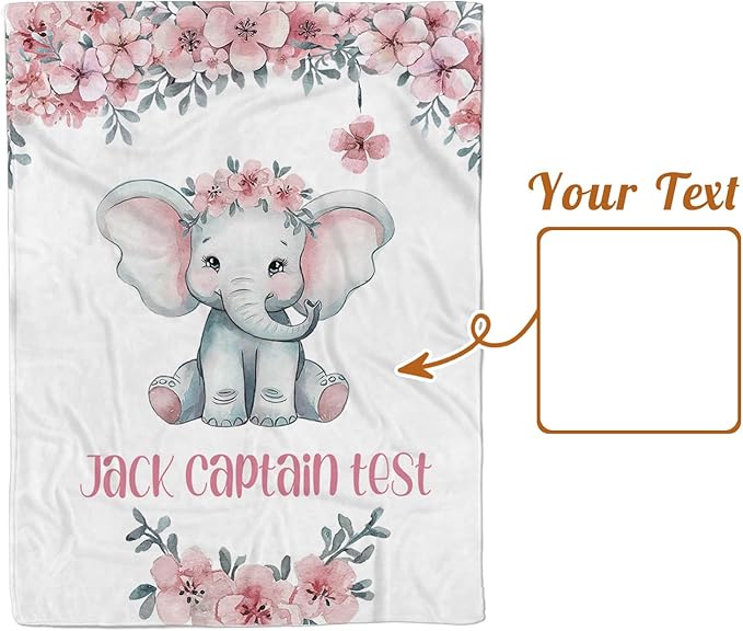 Personalized Baby Blankets for Girls Boys, Custom Elephant Baby Blanket with Name for Kids, Flannel Bed Throw Blanket for Newborn, Customized Baby Gifts for Baby Shower Nursery Blanket(47"x60)