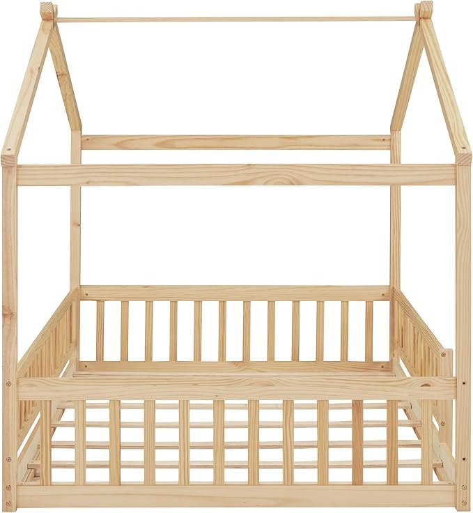 Merax Full Size Wooden House Bed with Fence, Wood Bed Frame with Roof and Safety Guardrail for Kids, Teens, Boys or Girls, Natural