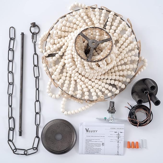 Wood Beaded Chandelier 3-Light Bohemia Pendant Light Fixture Farmhouse Round Hanging Chandelier White Beads with Black Chain for Bedroomn Dining Room Foyer