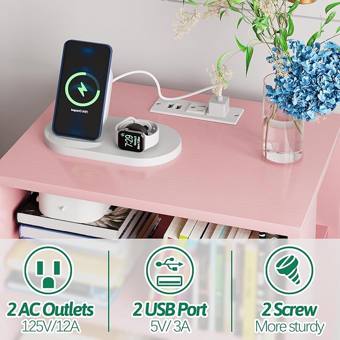 Night Stand with Charging Station, Pink Kids Nightstand with Drawer, 3-Tier Nursery Bedside Table with USB Ports and Outlets, End Table for Small Space, Living Room, Bedroom