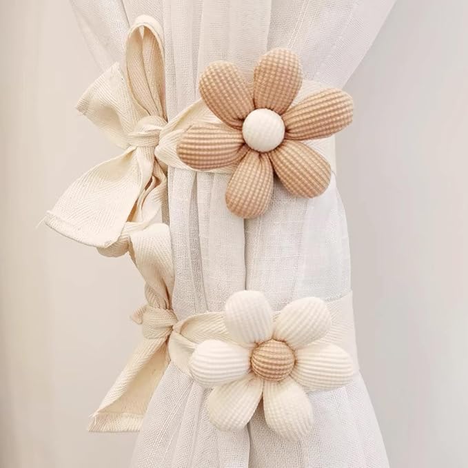 SRG 4PCS Curtain Tiebacks | Boho Flower Curtain Holdbacks | Simple Elegant Sunflower Curtain Holders | Boho Bedroom Decor(2Pcs Cream&2Pcs Khaki)