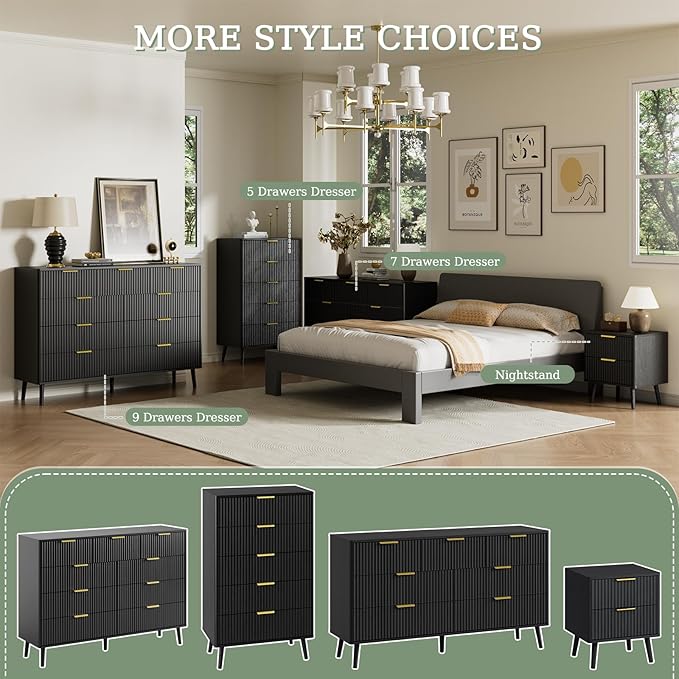 LYNSOM 55" Wide Fluted Dresser for Bedroom with 6 Drawer, Modern Chest of Drawers with Curved Profile Design and Metal Handles, Wood Dresser TV Stand & Storage Organizer for Living Room, Black