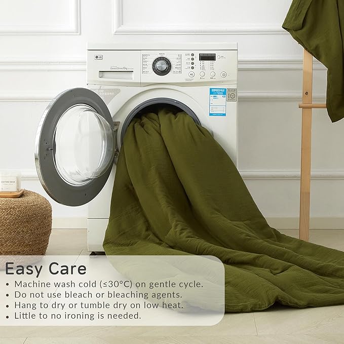 Muslin Comforter Set King Size, Cotton Cover & Polyester Filling, Breathable & Linen Like & Suitable for All-Season Use,3 Pieces(1 Comforter 104"x90", 2 Pillow Shams 20"x36"), Olive Green