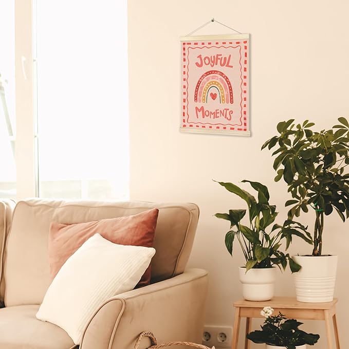 BESERH Pink Boho Rainbow Nursery Wall Art Posters, Kids Room Wall Decor, Girly Pink Joyful Moments Canvas Prints Artwork Framed for Toddler Girls Dorm Bedroom Nursery Playroom, 12x16 Inch