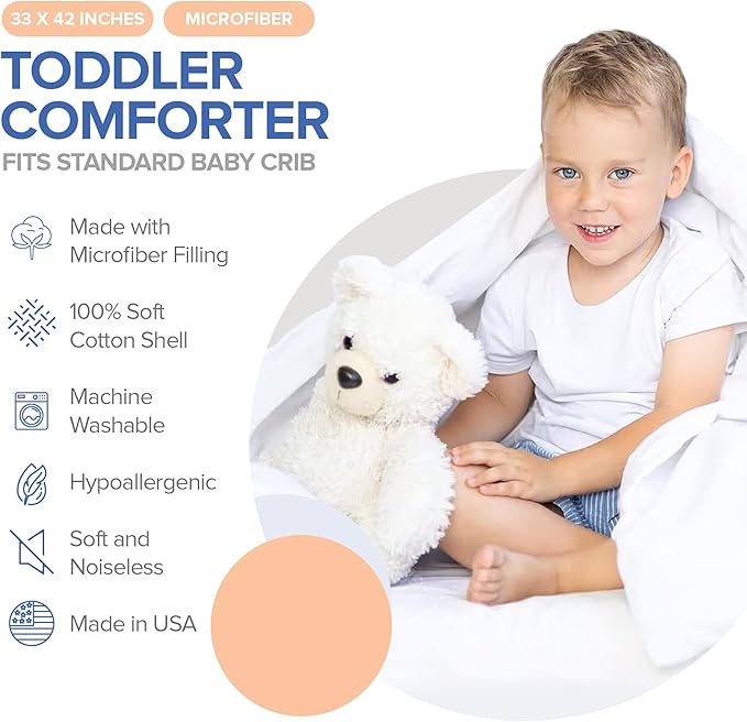 Continental Bedding Toddler Comforter, 100% Microfiber Down Duvet Insert, Sleep Blanket with Cotton Shell, Fits Standard Crib, Toddler Bed, 33x42 Inches, White