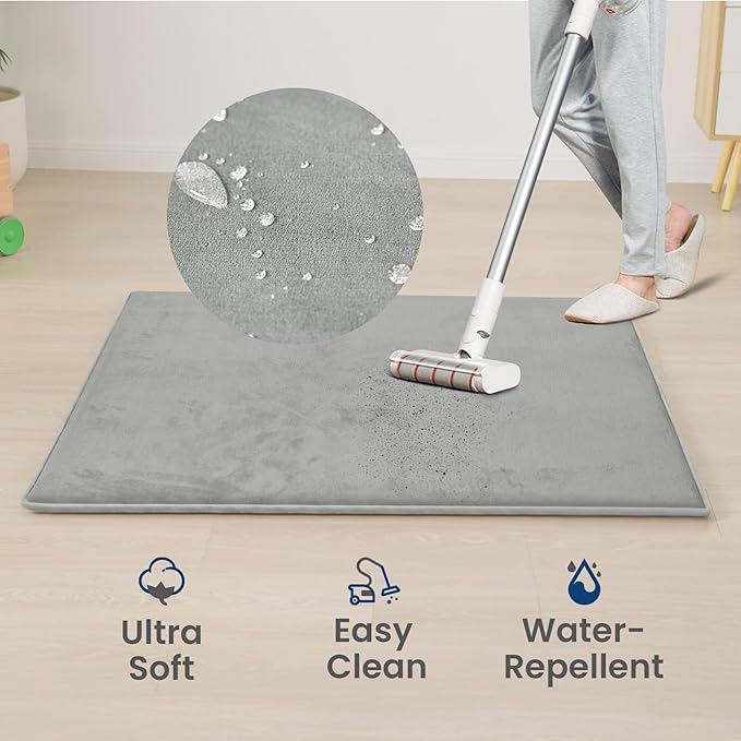 Baby Play Mat for Floor,Extra Large 59"×71" Tummy Time Mat,Thicker Memory Foam Mats for Toddler,Infant,Kid,Water Repellent Ultra Soft Coral Velvet,Non-Slip Backing Safe for Crawling(Light Grey)