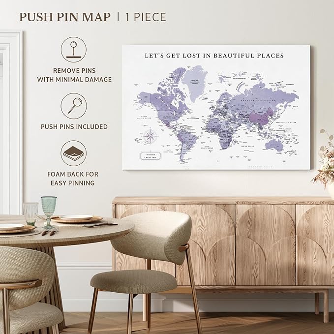 ElephantStock - Beautiful Places II Push Pin World Map Wall Art - Horizontal Canvas Wall Art - Living Room Wall Decor - Digital Art Map Canvas Art - White And Black Decor - 45" x 30"