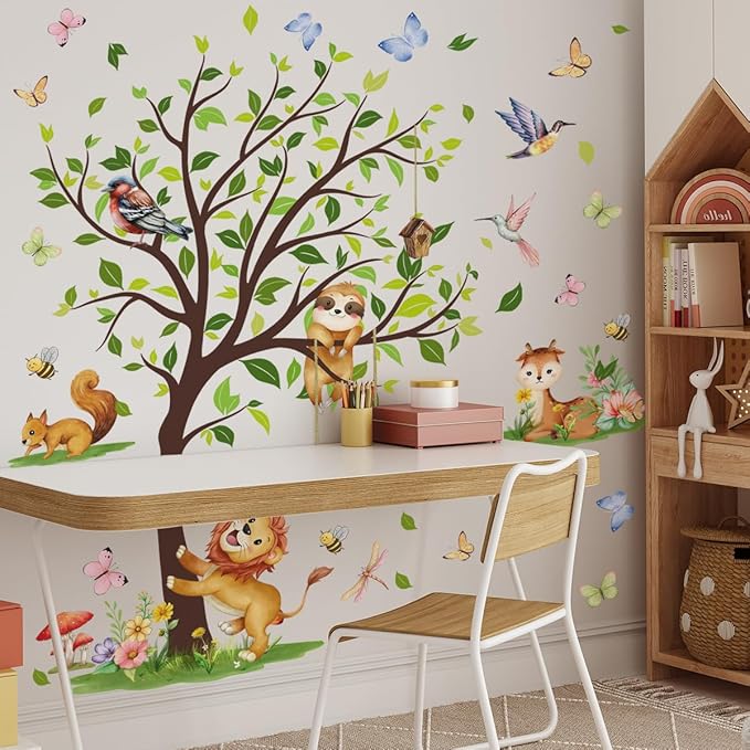Woodland Animals Large Tree Wall Decals, Lion Sloth Deer with Birds Butterflies Wall Decals for Nursery Room Kids Bedroom Toddler Room Decor, 70.47x51.18 inches,