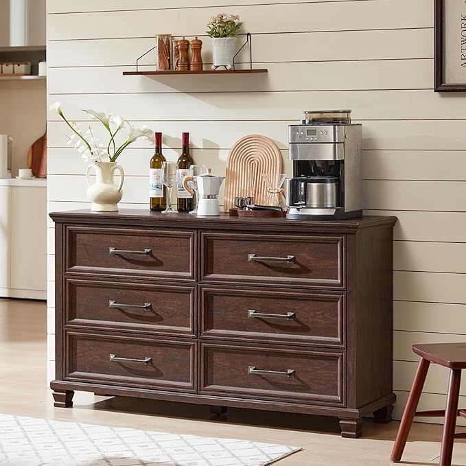 Farmhouse Wood 6 Drawer Dresser Set of 2, 54 inch Wide Large Vintage Chest of Drawers for Bedroom, Rustic Dressers TV Stand with Square Solid Wooden Legs for Living Room, Hallway, Walnut