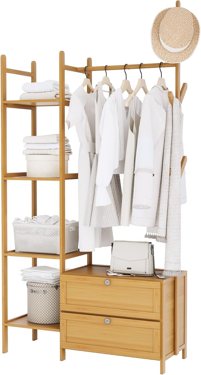 Clothing Rack with Shelves,Bamboo Clothes Rack,Ntural Clothes Rack Hanging,Drawers Hanging Racks,Garment Racks for Entryway Guestroom Bedroom(31.5inch Width Natural)