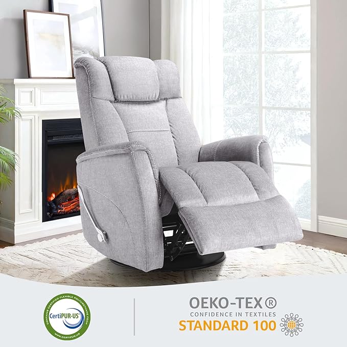 Swivel Rocking Recliner, 360° Manual Comfy Nursery Glider Rocker Chair for for Adults, Upholstered Soft Fabric Reclining Chair with Lumbar Support for Living Room (Silver Grey)
