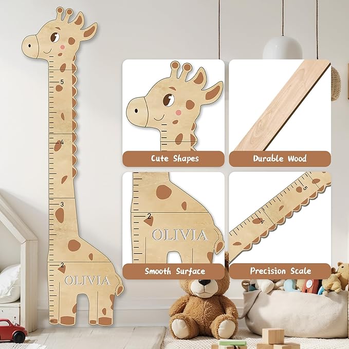 Personalized Name Children's Height Measurement Chart for Wall – Giraffe Kids Growth Chart Ruler, Nursery & Playroom Wall Decor 62.8" x 20.1"