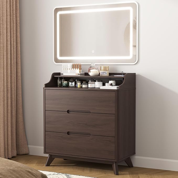 3 Drawer Dressers for Bedroom, 32" Large Wood Storage Dresser & Chest of Drawers with Charging Station, Wide Modern Dressers with 3 Drawer Storage Organizer for Bedroom Living Room Closet Brown