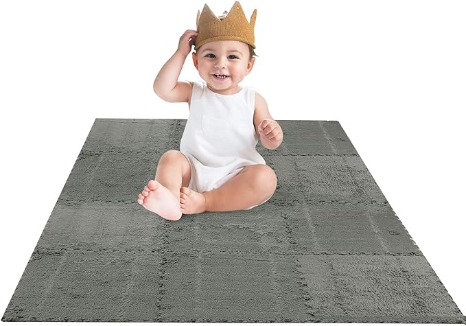 12 pcs Thickened Plush Foam Interlocking Floor Mat, Interlocking Foam Tiles with Edgings for Kids, Soft Anti-Slip Puzzle Area Square Rug Playmat for Children Room Bedroom(11.8", Gray)
