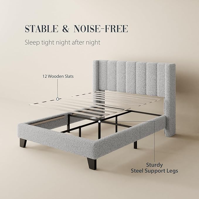 Full Bed Frame with Headboard Upholstered Platform Bed Frame with Teddy Velvet Headboard, Wooden Slats Support/Wing Edge Design/No Box Spring Needed/Easy Assembly, Grey Full