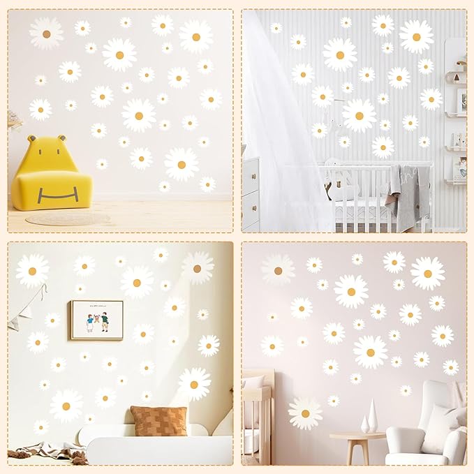 12 Sheets Daisy Wall Decals, White and Yellow Daisy Flowers Wall Stickers, Large Vinyl Peel and Stick Floral Wall Decor for Living Room Bedroom Decoration Baby Girls Room Nursery Room