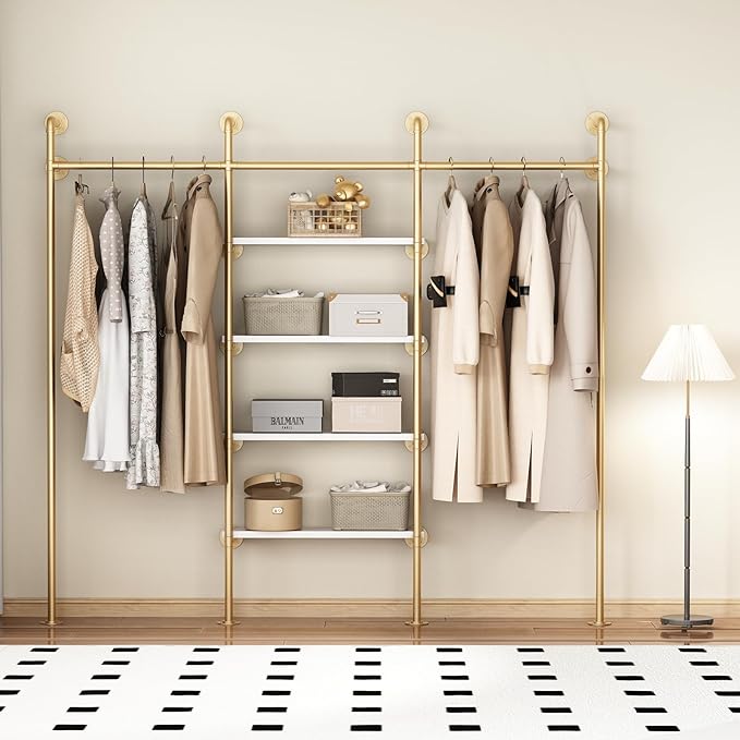 Industrial Pipe Clothing Rack, Wall Mounted Clothes Rack Gold Clothing Rack with Shelves Clothes Hanging Shelf-94.5''L Gold