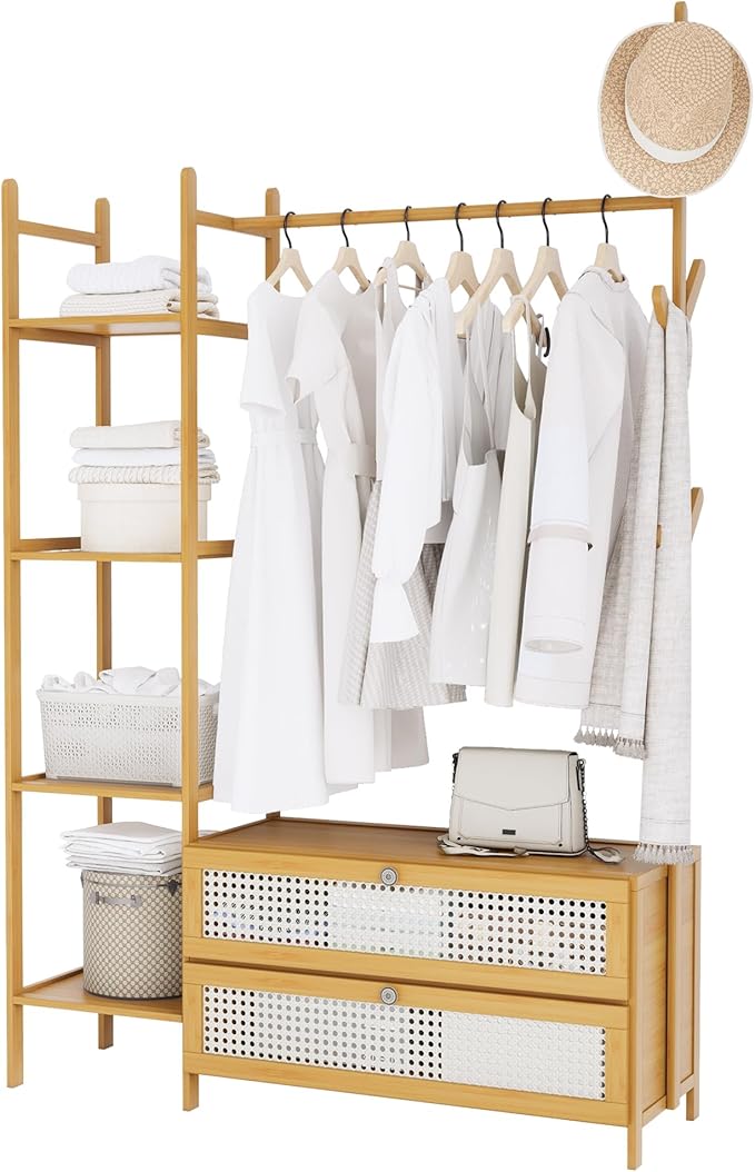 Bamboo Clothes Rack,Garment Rack with Drawers and Shelves,5 Tier Storage Shelves with 6 Hanging Hooks,Wardrobe Closet for Entryway Guestroom Kids Bedroom(39.4inch Width Natural with Rattan Door)
